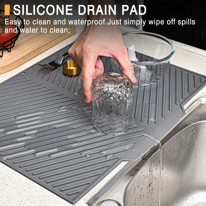 Silicone Dish Drying Mat, Non-Slip Drainage Pad, Food-Grade Flexible Countertop Protector, Gray, 37 x 25 or 42.8 x 33 cm - product view 3