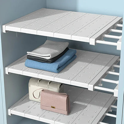 Adjustable Cabinet Shelf Organizer, No-Drill Telescopic Plastic Storage Partition for Kitchen or Wardrobe, White - product view 2