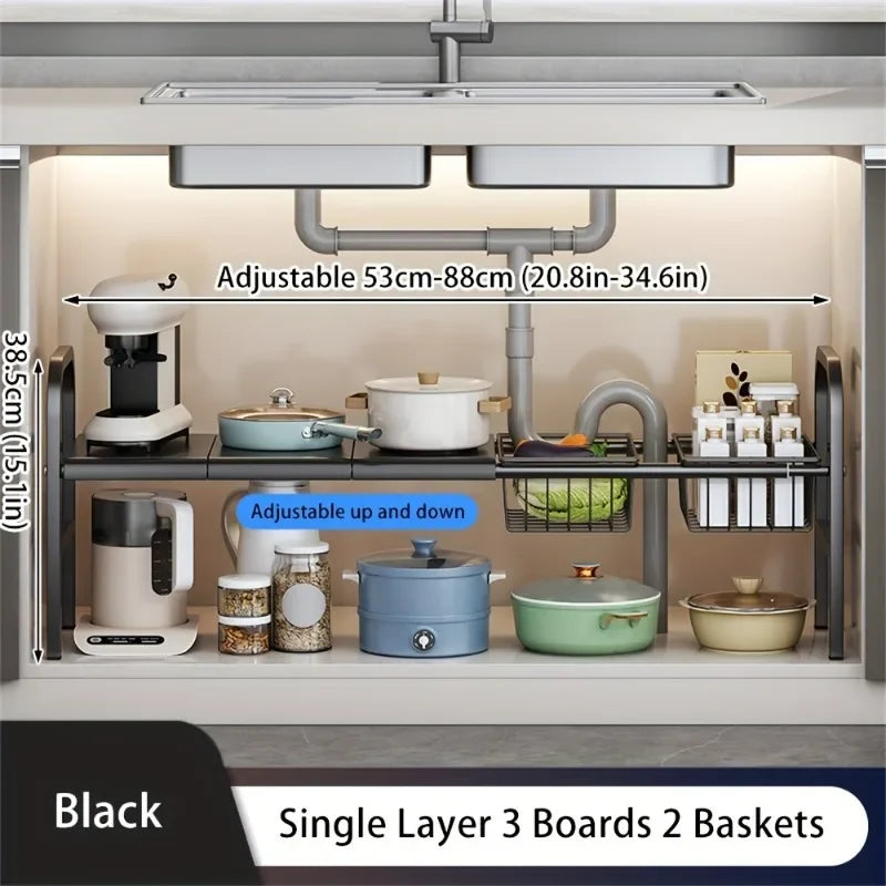 Expandable Under Sink Organizer Rack, Multi-Use Kitchen and Bathroom Cabinet Storage Shelf, Single or Double Layer Options - product view 1