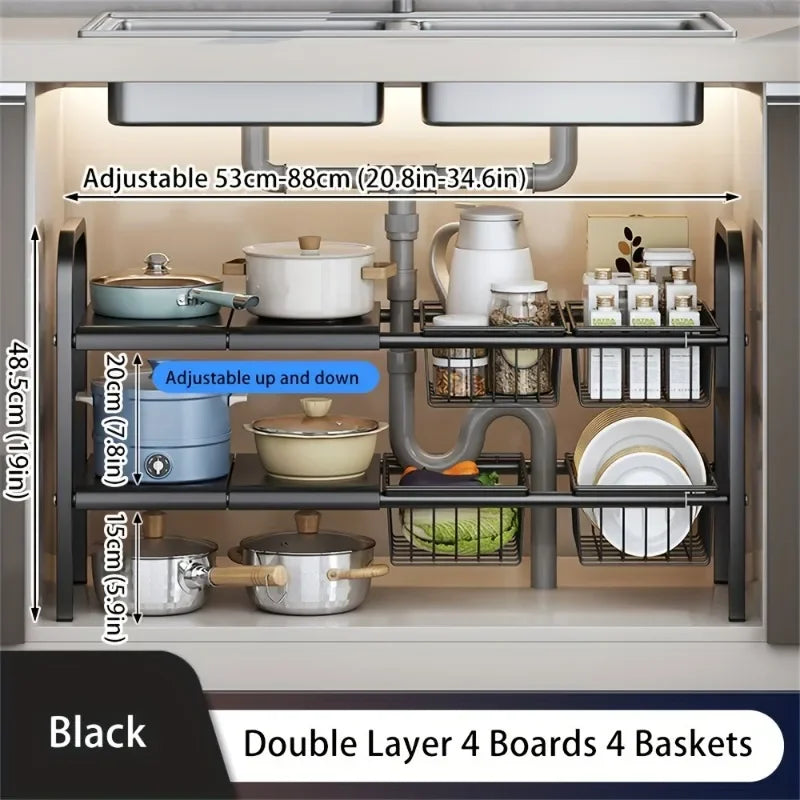 Expandable Under Sink Organizer Rack, Multi-Use Kitchen and Bathroom Cabinet Storage Shelf, Single or Double Layer Options - product view 3