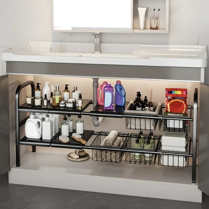 Expandable Under Sink Organizer Rack, Multi-Use Kitchen and Bathroom Cabinet Storage Shelf, Single or Double Layer Options - product view 4