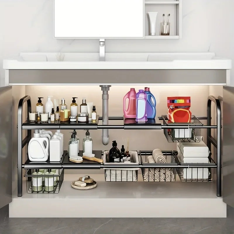 Expandable Under Sink Organizer Rack, Multi-Use Kitchen and Bathroom Cabinet Storage Shelf, Single or Double Layer Options - product view 5