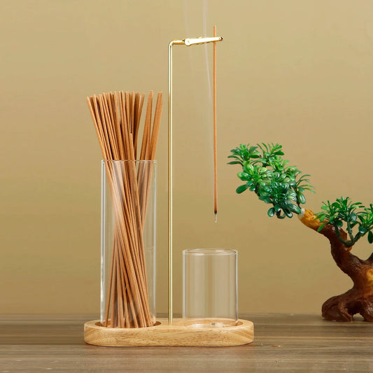 Glass Incense Holder with Dual Ash Catcher Cups, Wooden 8-Shaped Base and Metal Clip for Meditation and Home Décor - product view 1