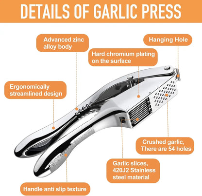 Stainless Steel Garlic Press, 2-in-1 Garlic Crusher for Minced Garlic and Slices, Easy-Clean Silver Kitchen Tool - product view 4
