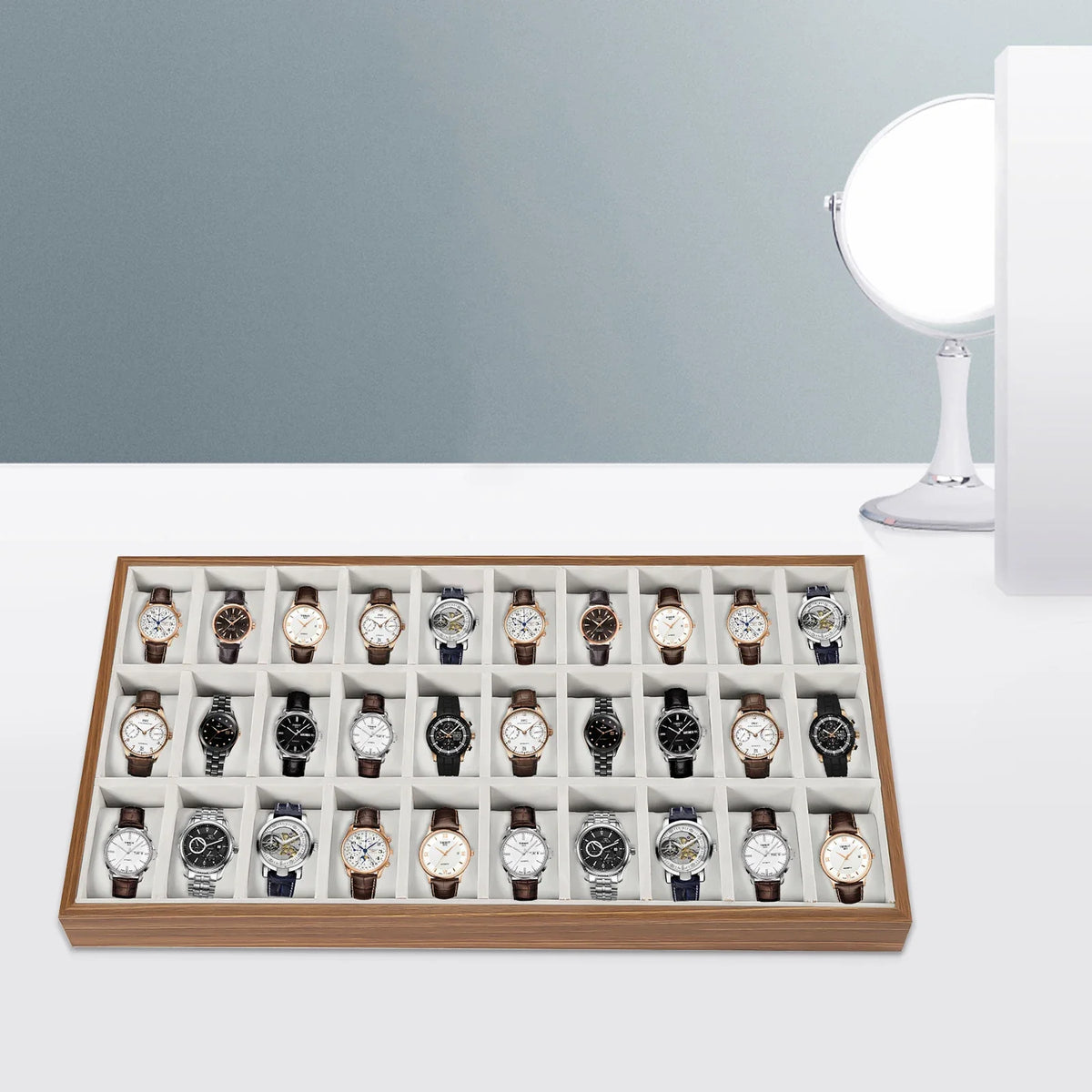 Wooden Watch and Jewelry Box, 30 Compartments, Open-View Desk Display, MDF and Velveteen Interior, Modern Rectangular Organizer - product view 1
