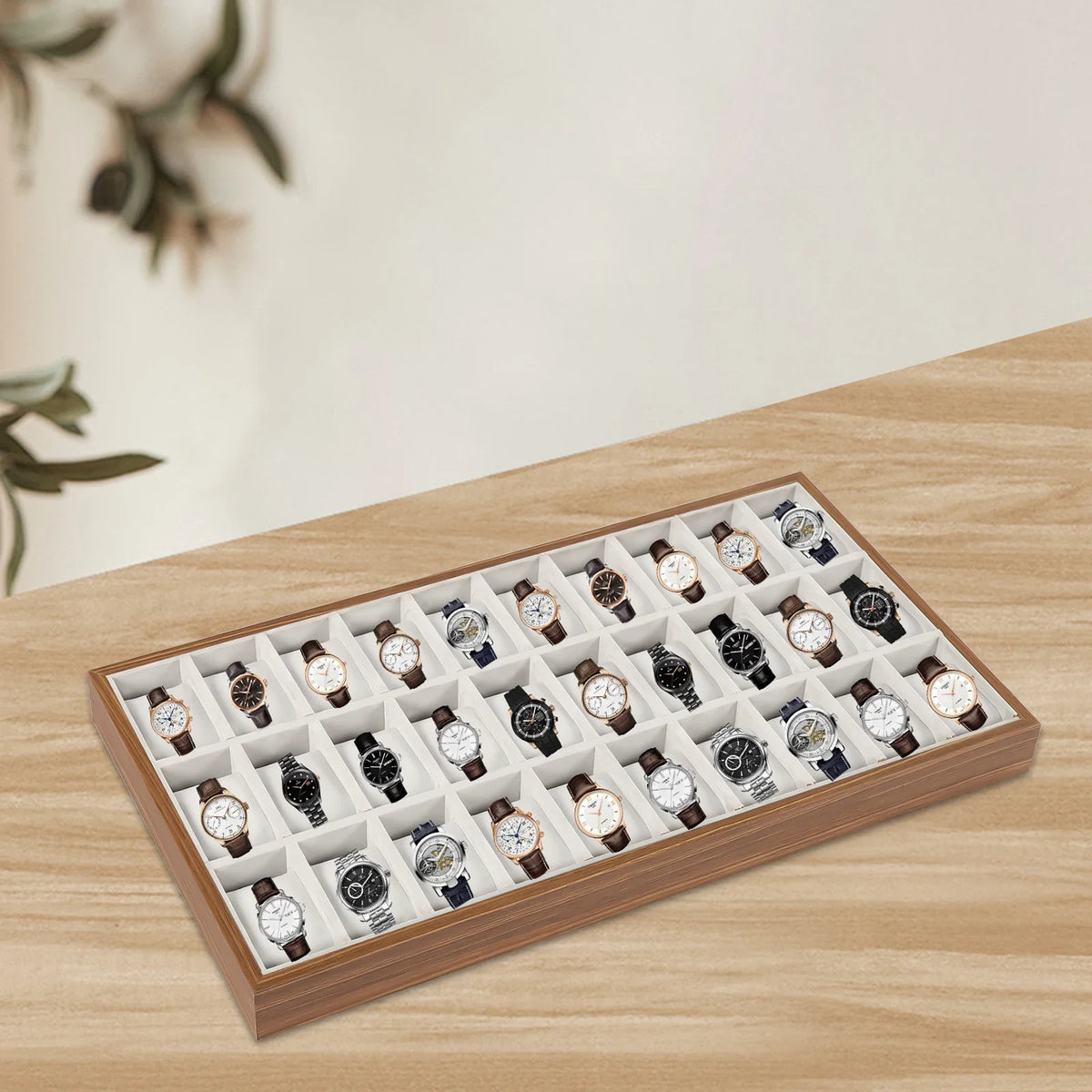 Wooden Watch and Jewelry Box, 30 Compartments, Open-View Desk Display, MDF and Velveteen Interior, Modern Rectangular Organizer - product view 3