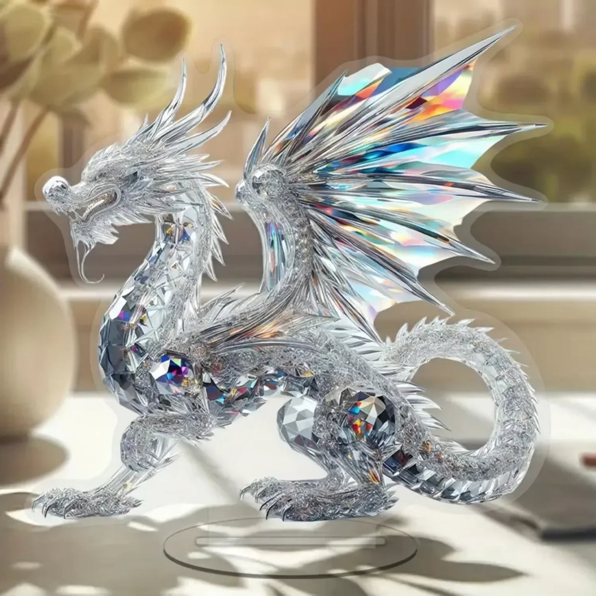 Acrylic Crystal Dragon Figurine, 2D Flat 20 cm Desktop Ornament with Base for Home Office and Studio Display - product view 1