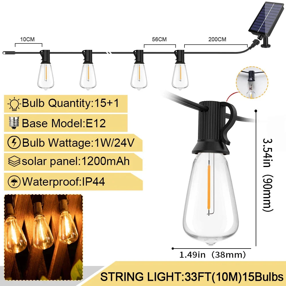 Solar String Lights, 24V ST38 LED Filament Bulbs, 8 Lighting Modes, IP44, 7.6m–30m Patio Garden Garland - product view 2