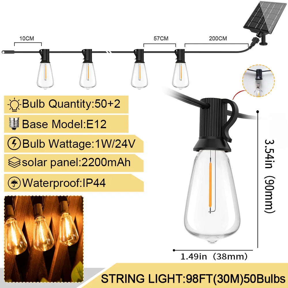 Solar String Lights, 24V ST38 LED Filament Bulbs, 8 Lighting Modes, IP44, 7.6m–30m Patio Garden Garland - product view 5