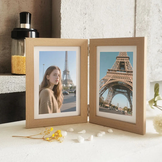 Wooden Double Photo Frame, Foldable Hinged 10 x 15 cm Collage Display, Modern Rectangle Frame for Desk and Shelf Décor - product view 1