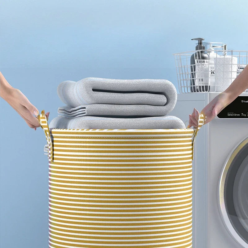 Foldable Striped Laundry Basket, Reusable Round Non-Woven Fabric Organizer with Handles, Small, Medium and Large Sizes - product view 5