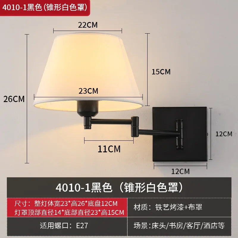 Swing Arm Wall Sconce, Fabric Shade, Iron Body, E27 Socket, 220V AC Bedroom and Study Lighting Fixture - product view 2