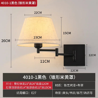 Swing Arm Wall Sconce, Fabric Shade, Iron Body, E27 Socket, 220V AC Bedroom and Study Lighting Fixture - product view 3