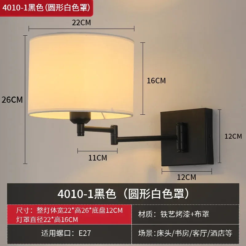 Swing Arm Wall Sconce, Fabric Shade, Iron Body, E27 Socket, 220V AC Bedroom and Study Lighting Fixture - product view 4