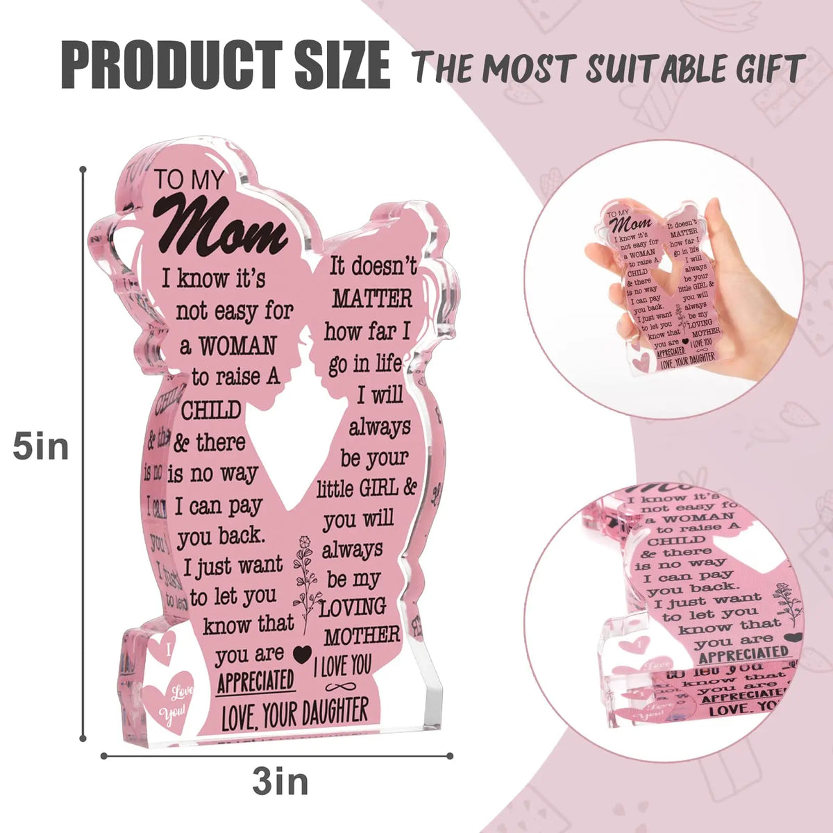 Acrylic Mom Plaque, Mother-Daughter Love Keepsake with Heartfelt Message, 5 x 3 x 0.6 Inch Gift for Mom - product view 5