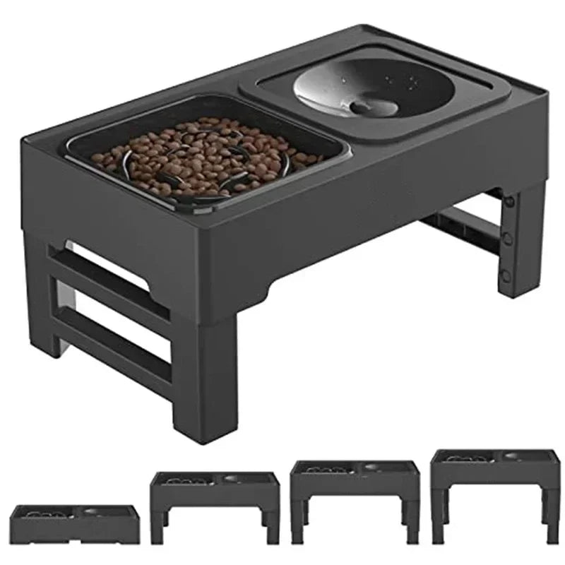 Adjustable Raised Dog Bowl, Slow Feeder and Water Bowl Station, 3.4–11.3in Height, Foldable No-Spill Stand - product view 3