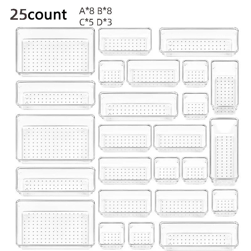 Clear Drawer Organizer Set, Stackable Plastic Trays in 4 to 28 Pieces, Multi-Size Storage for Vanity, Kitchen and Office - product view 6