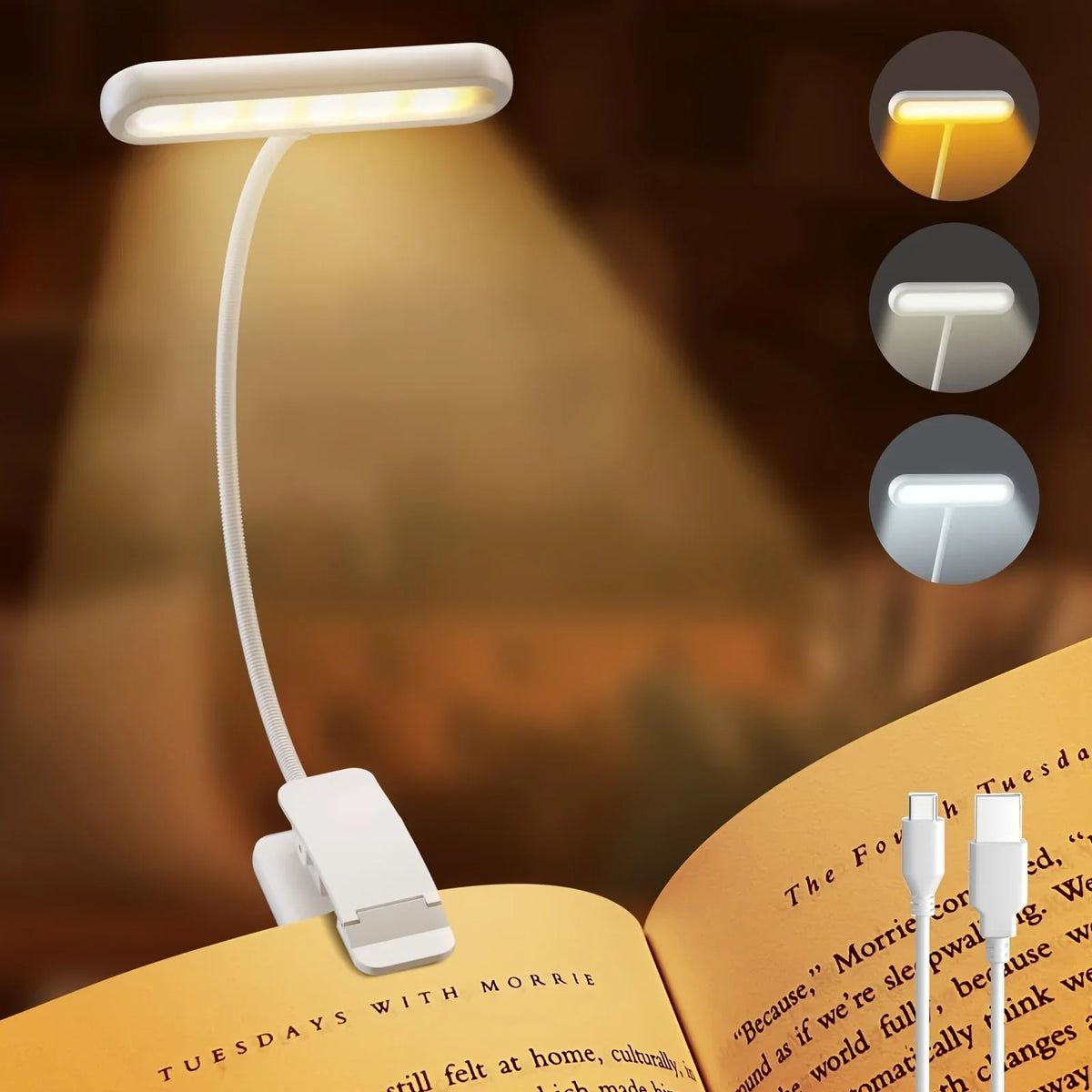 Rechargeable LED Book Light, 1W DC Clip-On Reading Lamp, White Bedside and Study Light with Changeable Lighting - product view 4