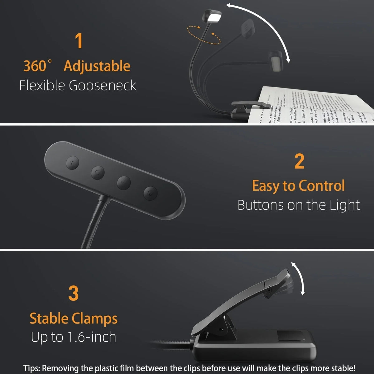 Rechargeable LED Book Light, 1W DC Clip-On Reading Lamp, White Bedside and Study Light with Changeable Lighting - product view 5