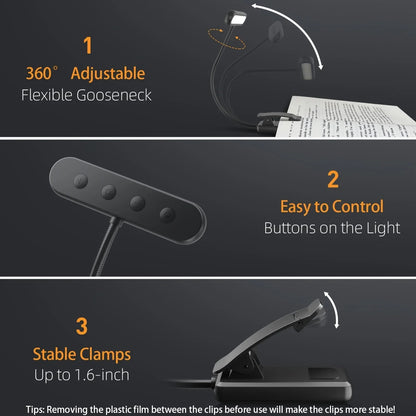 Rechargeable LED Book Light, 1W DC Clip-On Reading Lamp, White Bedside and Study Light with Changeable Lighting - product view 5