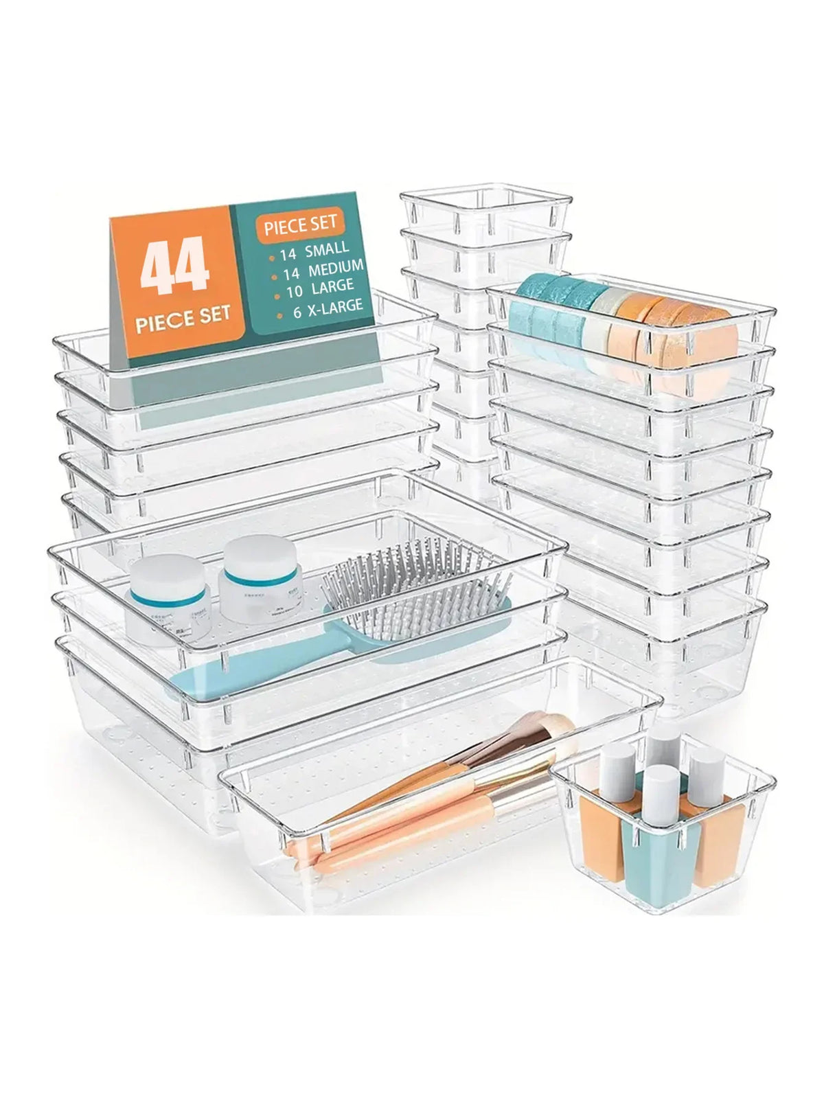 44-Piece Drawer Organizer Set, Clear Plastic Storage Boxes and Dividers for Kitchen, Pantry, Bathroom and Desk Drawers - product view 2