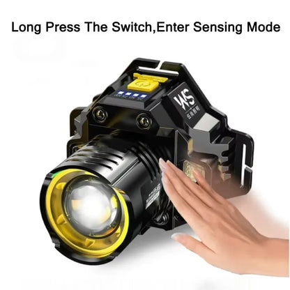 Rechargeable LED Headlamp, 5W COB Light with Motion Sensor, Zoomable Beam, 5 Lighting Modes and Rainproof Design - product view 4