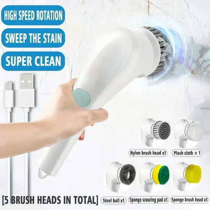 5-in-1 Cordless Electric Spin Scrubber, USB Rechargeable Cleaning Brush with 5 Replaceable Brush Heads in White - product view 2