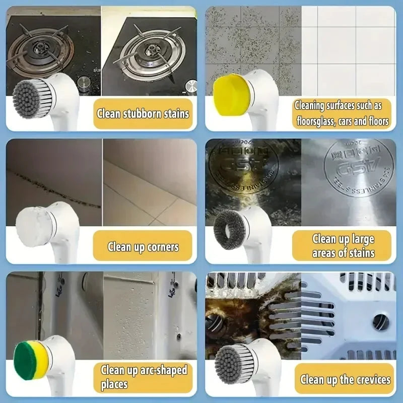 5-in-1 Cordless Electric Spin Scrubber, USB Rechargeable Cleaning Brush with 5 Replaceable Brush Heads in White - product view 6