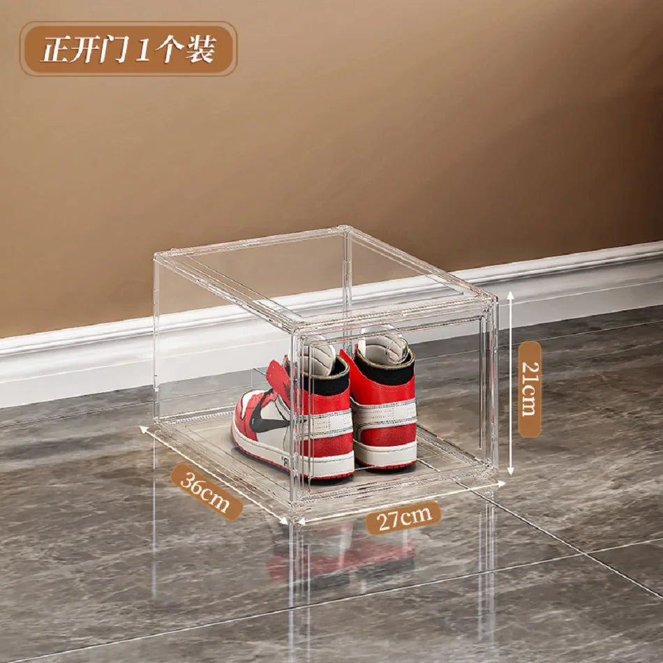 Stackable Shoe Storage Box, Plastic Rectangle Organizer with Magnetic Flip Cover, Side or Front Opening Door - product view 1