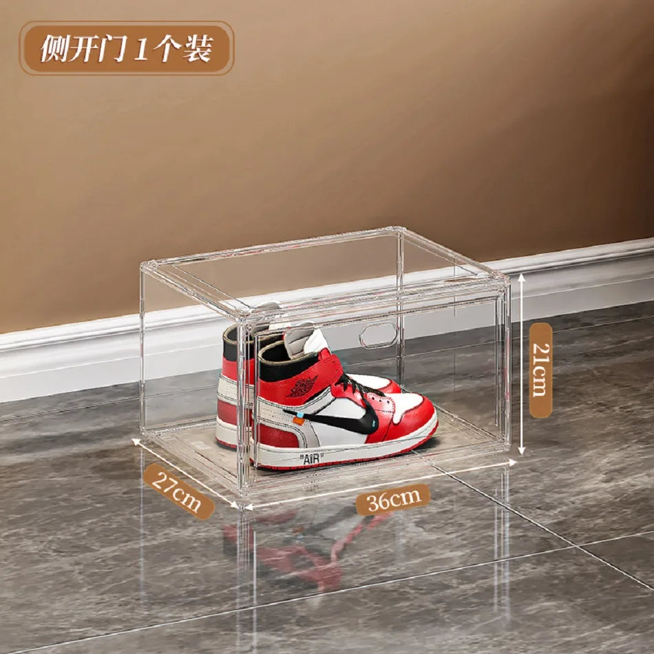 Stackable Shoe Storage Box, Plastic Rectangle Organizer with Magnetic Flip Cover, Side or Front Opening Door - product view 2