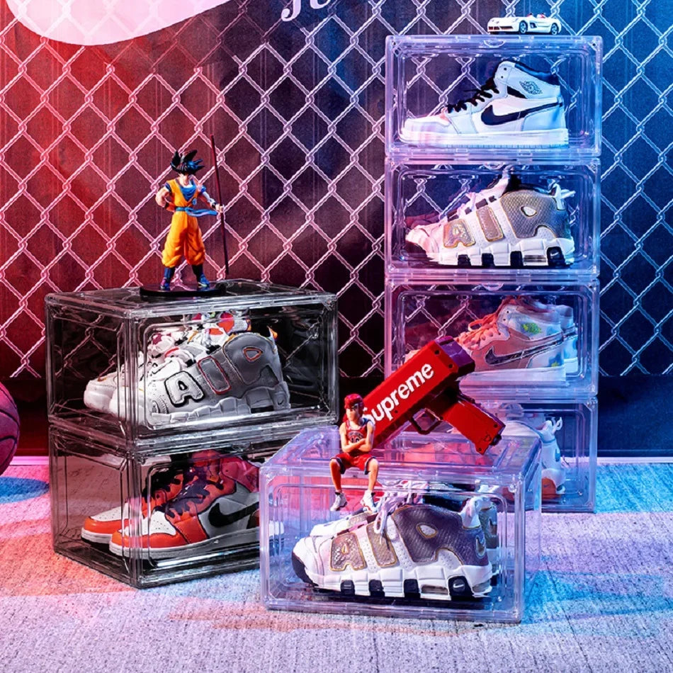 Stackable Shoe Storage Box, Plastic Rectangle Organizer with Magnetic Flip Cover, Side or Front Opening Door - product view 4