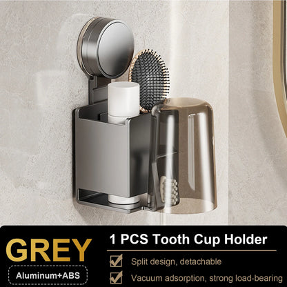 Suction Cup Toothbrush Wall Holder with Cup and Squeezer, Aluminium Perforation-Free Bathroom Shelf, 1–4 Piece Sets - product view 1
