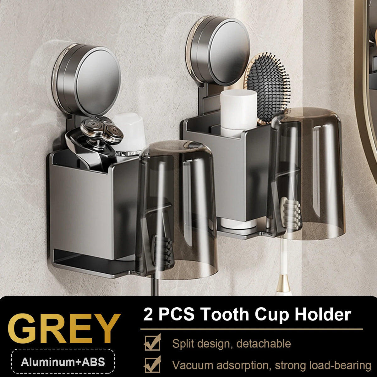 Suction Cup Toothbrush Wall Holder with Cup and Squeezer, Aluminium Perforation-Free Bathroom Shelf, 1–4 Piece Sets - product view 2