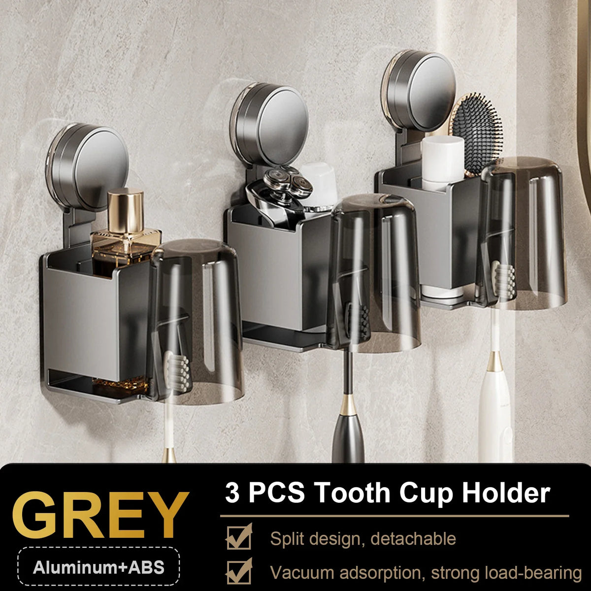 Suction Cup Toothbrush Wall Holder with Cup and Squeezer, Aluminium Perforation-Free Bathroom Shelf, 1–4 Piece Sets - product view 3