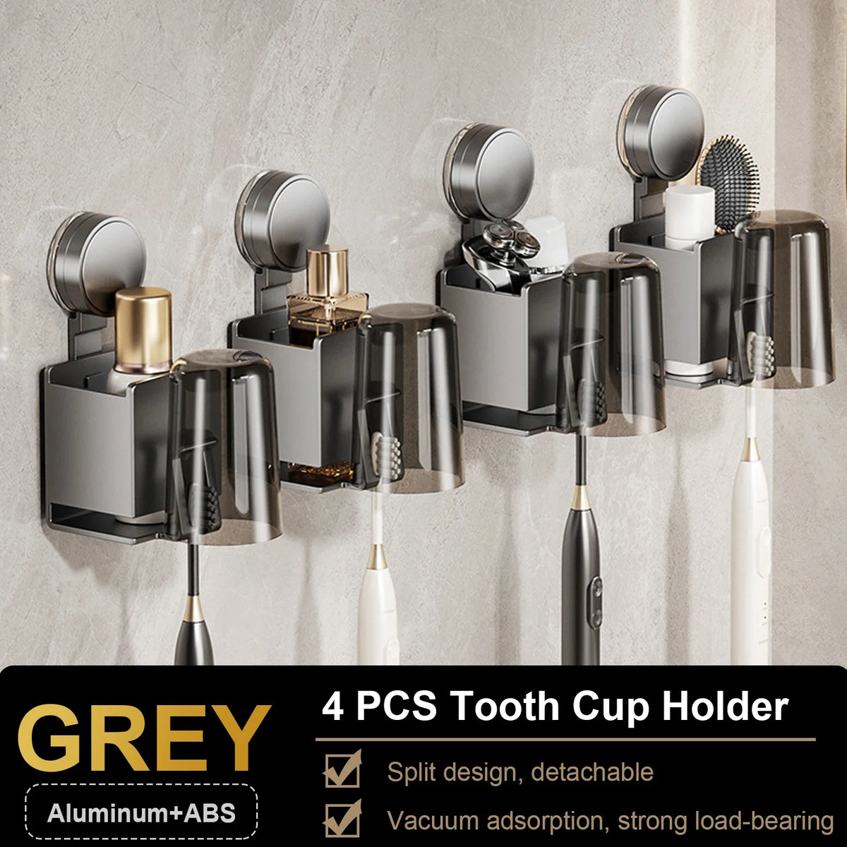 Suction Cup Toothbrush Wall Holder with Cup and Squeezer, Aluminium Perforation-Free Bathroom Shelf, 1–4 Piece Sets - product view 4