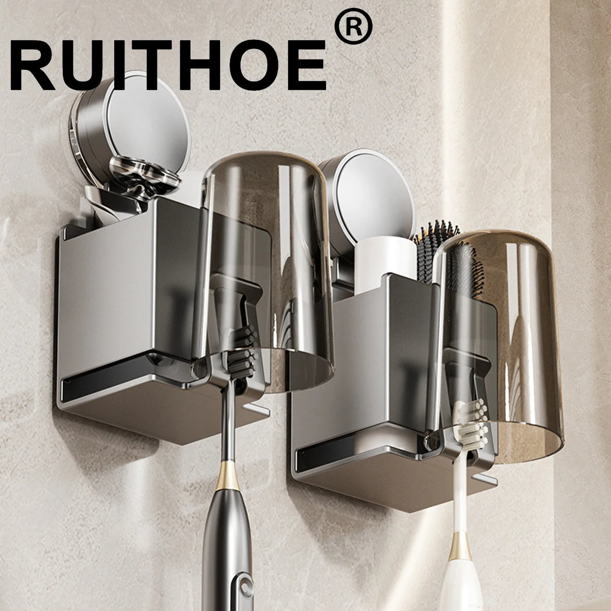 Suction Cup Toothbrush Wall Holder with Cup and Squeezer, Aluminium Perforation-Free Bathroom Shelf, 1–4 Piece Sets - product view 5