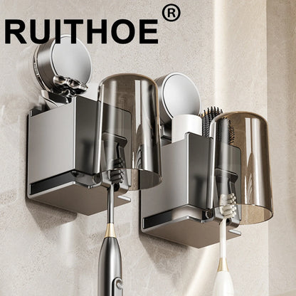 Suction Cup Toothbrush Wall Holder with Cup and Squeezer, Aluminium Perforation-Free Bathroom Shelf, 1–4 Piece Sets - product view 5