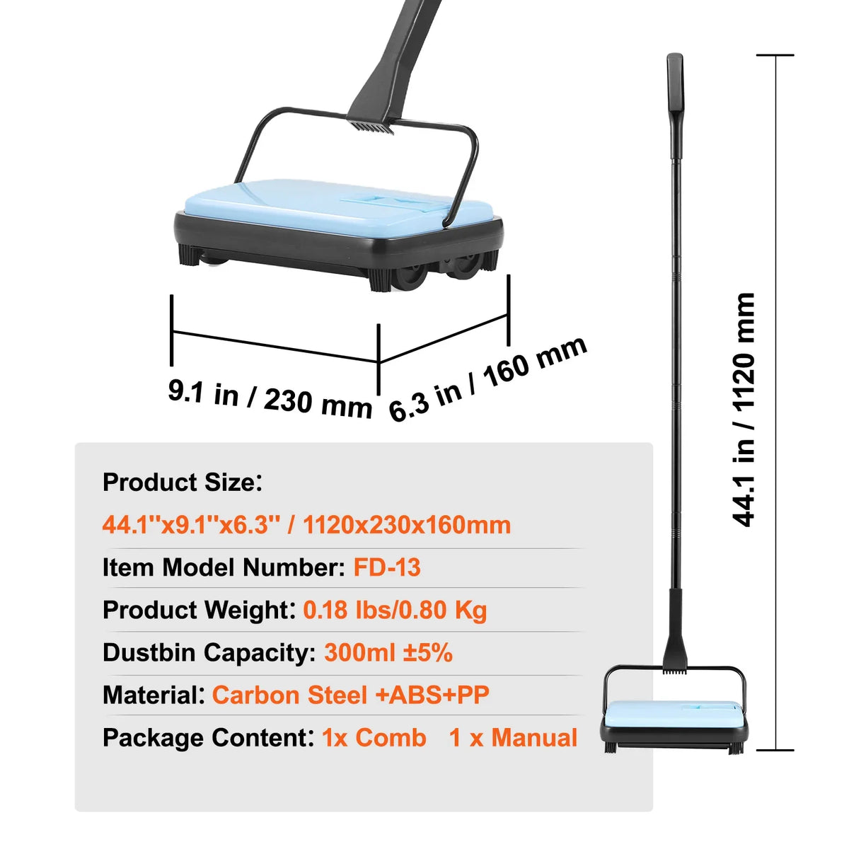 Manual Carpet Sweeper, Quiet Rolling Brush Floor Cleaner with 180° Rotating Head for Carpets, Rugs and Hard Floors - product view 1