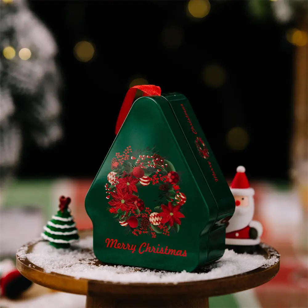 Christmas Tin Storage Box, Reusable Rectangular Holiday Treat Container with Hanging Rope, Modern Style, 13 x 12.2 x 4.8 cm - product view 1
