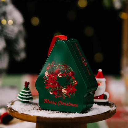 Christmas Tin Storage Box, Reusable Rectangular Holiday Treat Container with Hanging Rope, Modern Style, 13 x 12.2 x 4.8 cm - product view 1