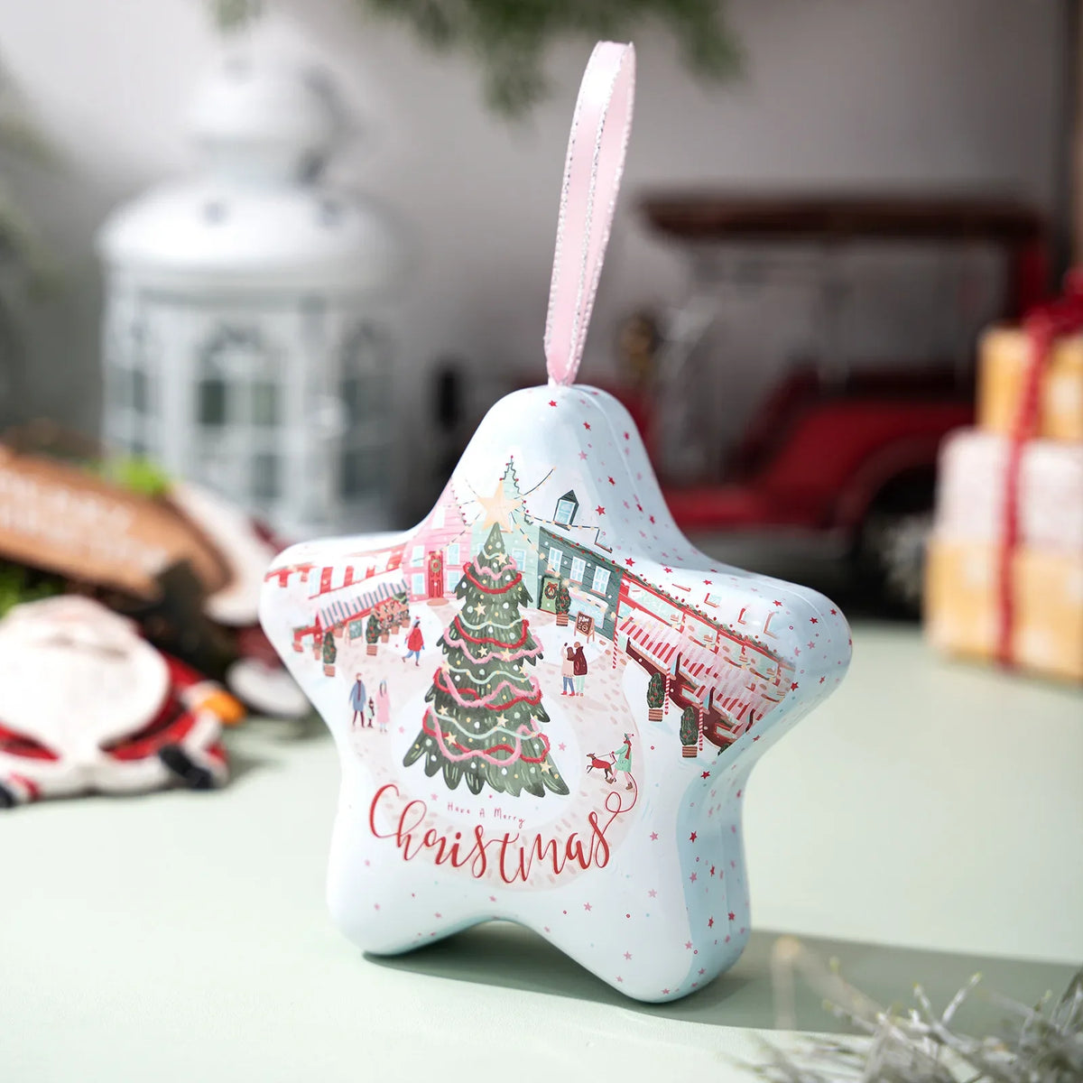 Christmas Tin Storage Box, Reusable Rectangular Holiday Treat Container with Hanging Rope, Modern Style, 13 x 12.2 x 4.8 cm - product view 4