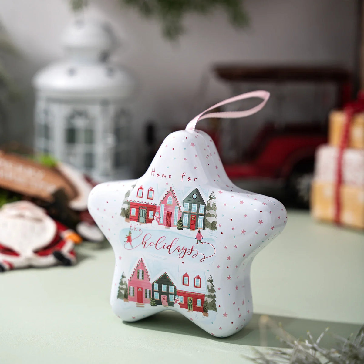 Christmas Tin Storage Box, Reusable Rectangular Holiday Treat Container with Hanging Rope, Modern Style, 13 x 12.2 x 4.8 cm - product view 5