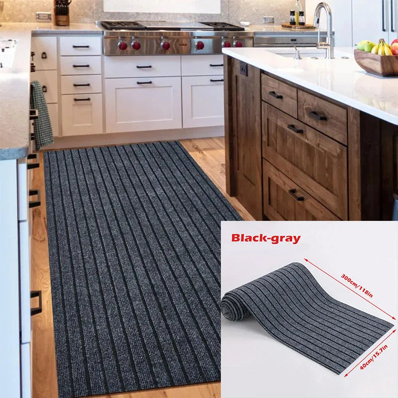 Striped Kitchen Rug, 40 cm x 3 m Self-Adhesive Polyester Floor Mat with Vinyl Backing, Machine-Made for Indoor Entryways - product view 2