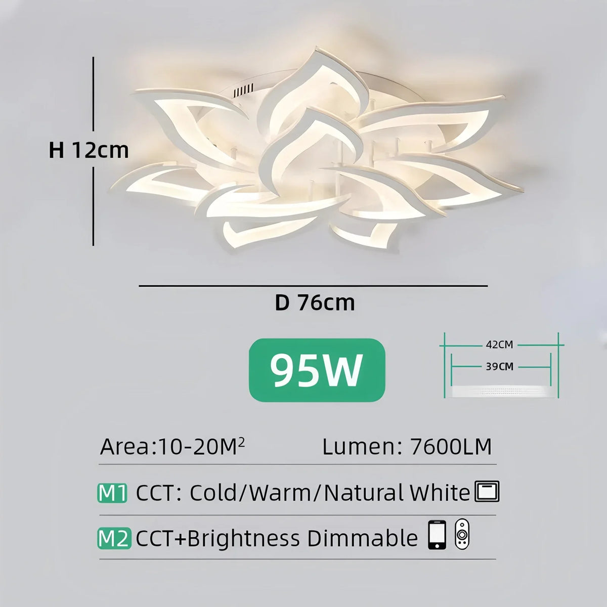 Modern LED Ceiling Light, Remote and App Control, Dimmable Three-Tone Lighting, Acrylic and Iron, 5–18 Heads for Living Rooms - product view 3