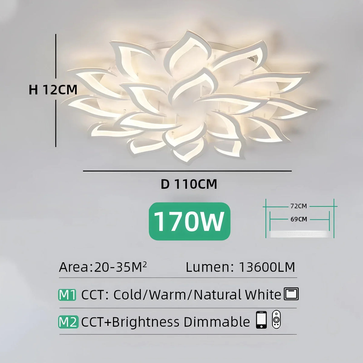 Modern LED Ceiling Light, Remote and App Control, Dimmable Three-Tone Lighting, Acrylic and Iron, 5–18 Heads for Living Rooms - product view 5