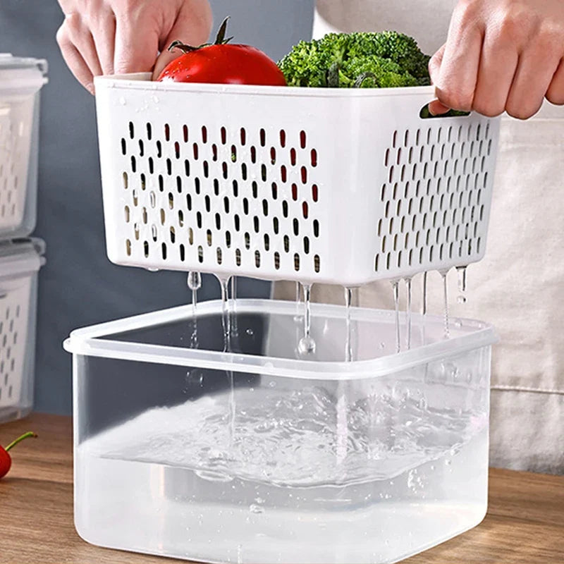 Stackable Pantry Bin, Double-Layer Drain Basket, Sealed Lid, Transparent Food Storage Box in 15CM, 19CM or 22CM - product view 3