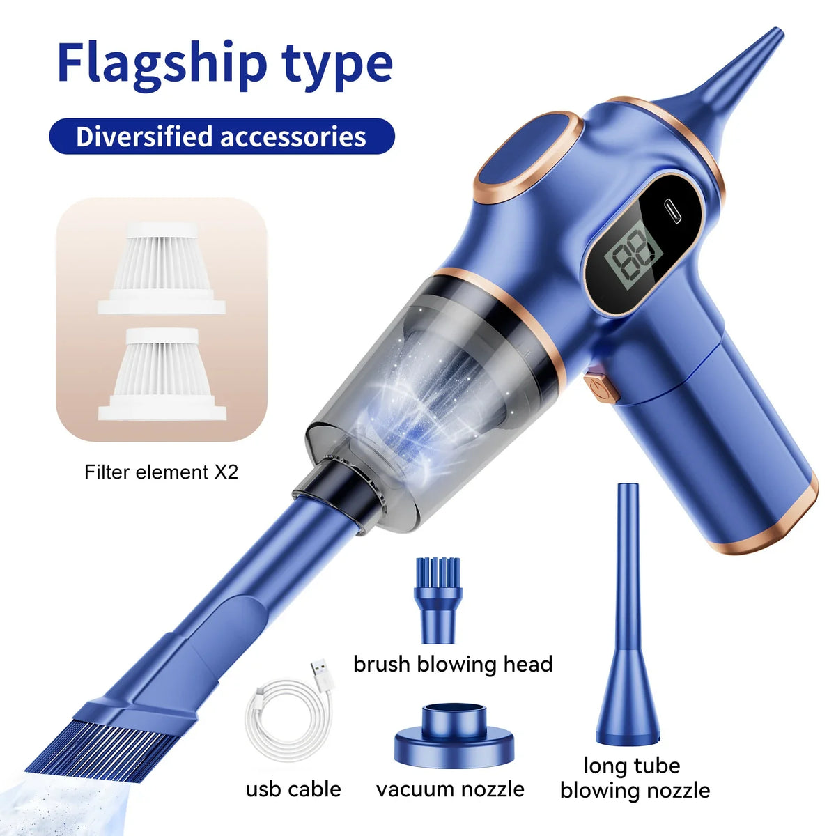 Portable Handheld Vacuum Cleaner, Wireless Dry Cleaning, Li-ion Battery, ABS Body, Black or Blue for Car, Sofa and Carpet - product view 2