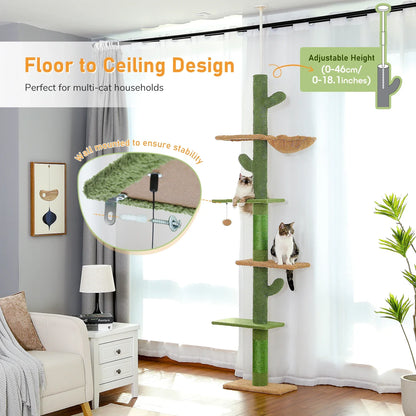 5-Tier Floor-to-Ceiling Cat Tree, Adjustable 94-108 in Tower, Sisal Scratching Posts, Hammock, Basket and Ball - product view 4