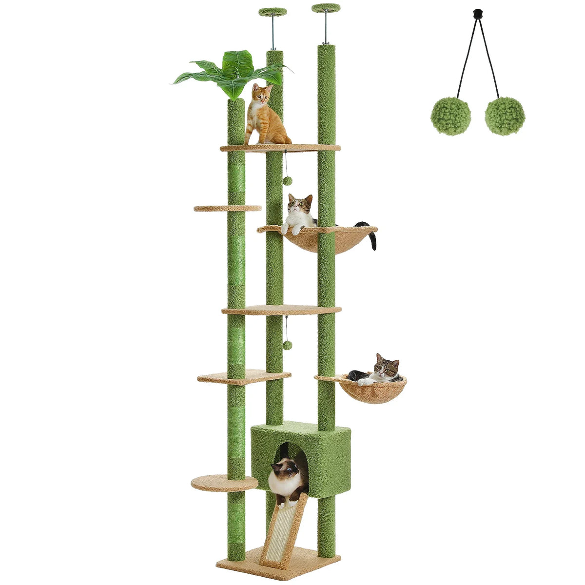 Floor-to-Ceiling Cactus Cat Tree, Adjustable 90.5–100.4 in Tower with Condo, Hammock and Scratching Post - product view 2