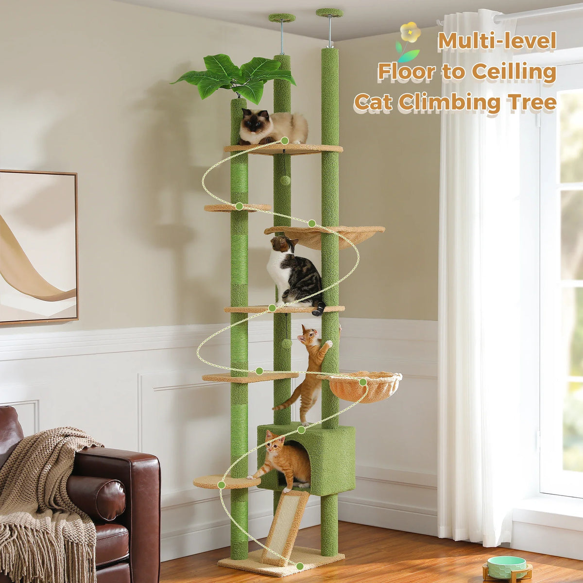Floor-to-Ceiling Cactus Cat Tree, Adjustable 90.5–100.4 in Tower with Condo, Hammock and Scratching Post - product view 4